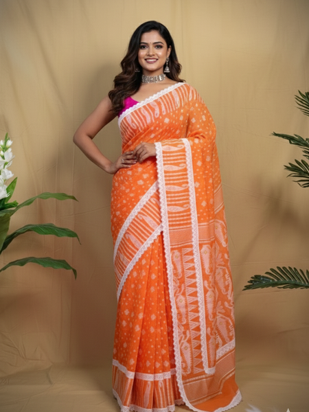 SAREEN Orange Jamdani Saree with White Lace Border – Festive Handloom Edit