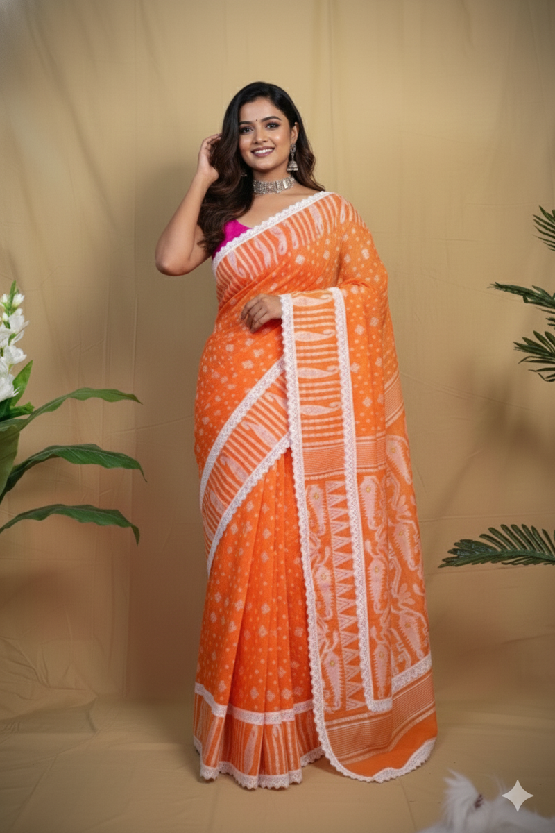 SAREEN Orange Jamdani Saree with White Lace Border – Festive Handloom Edit