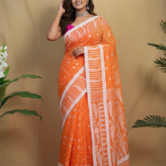 SAREEN Orange Jamdani Saree with White Lace Border – Festive Handloom Edit