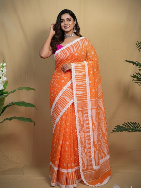 SAREEN Orange Jamdani Saree with White Lace Border – Festive Handloom Edit