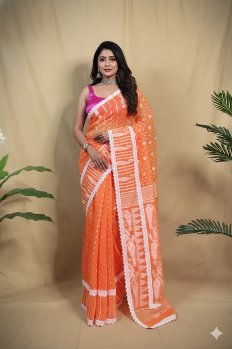 SAREEN Orange Jamdani Saree with White Lace Border – Festive Handloom Edit