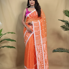 SAREEN Orange Jamdani Saree with White Lace Border – Festive Handloom Edit