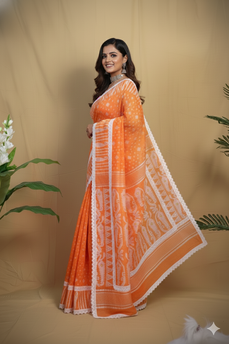 SAREEN Orange Jamdani Saree with White Lace Border – Festive Handloom Edit