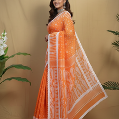 SAREEN Orange Jamdani Saree with White Lace Border – Festive Handloom Edit