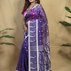 SAREEN Purple Jamdani Saree with White Lace Border