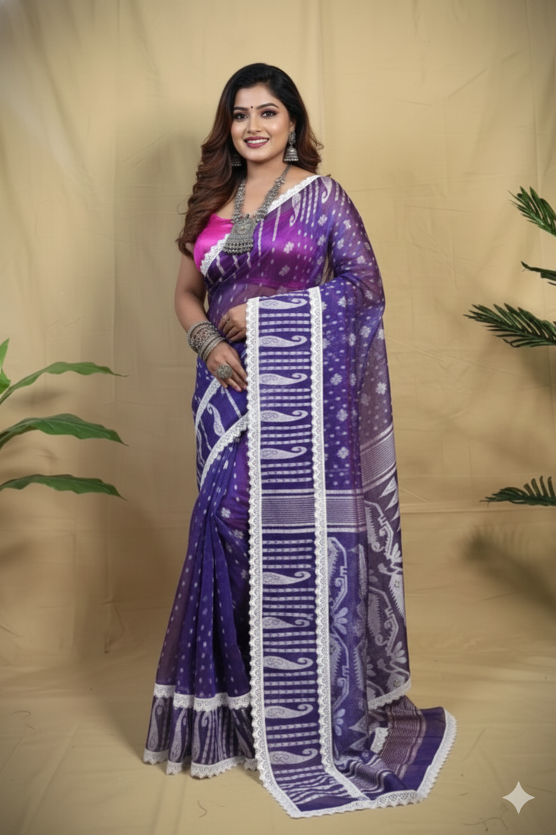 SAREEN Purple Jamdani Saree with White Lace Border