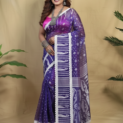 SAREEN Purple Jamdani Saree with White Lace Border