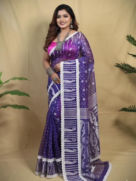 SAREEN Purple Jamdani Saree with White Lace Border