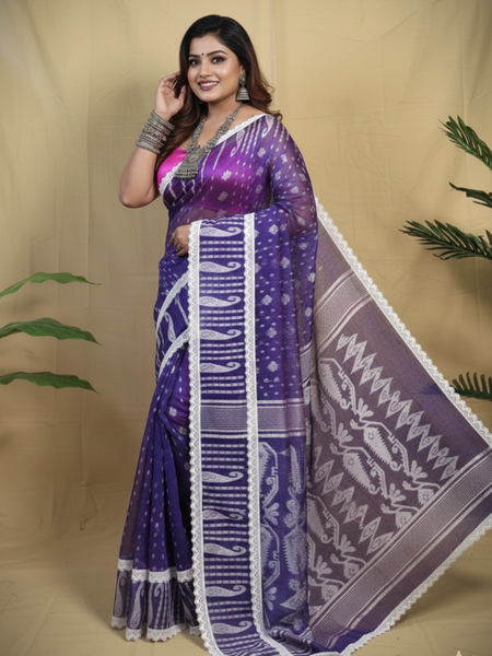 SAREEN Purple Jamdani Saree with White Lace Border