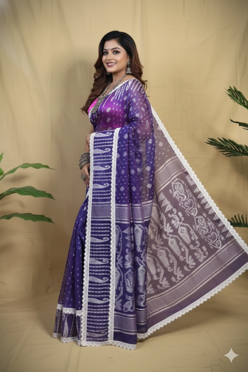 SAREEN Purple Jamdani Saree with White Lace Border