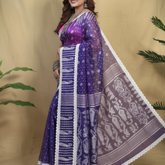 SAREEN Purple Jamdani Saree with White Lace Border