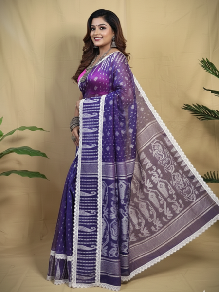 SAREEN Purple Jamdani Saree with White Lace Border