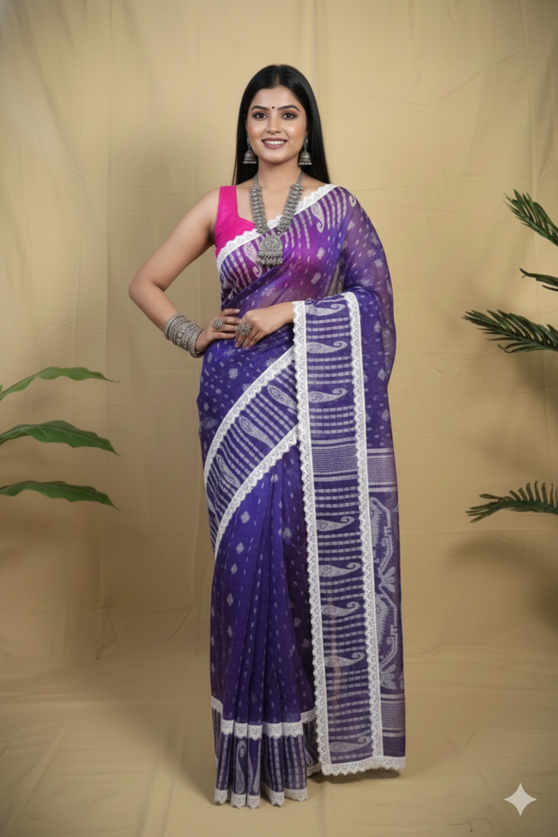 SAREEN Purple Jamdani Saree with White Lace Border