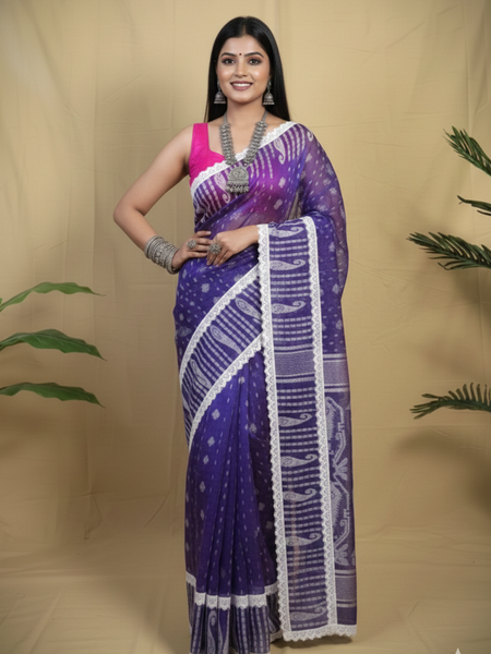 SAREEN Purple Jamdani Saree with White Lace Border