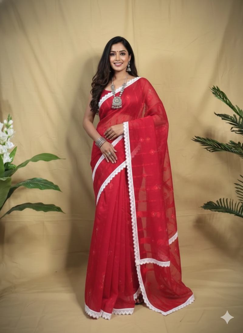 SAREEN Elegant Red Jamdani Saree with White Lace Border