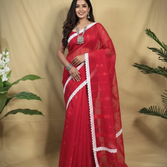 SAREEN Elegant Red Jamdani Saree with White Lace Border