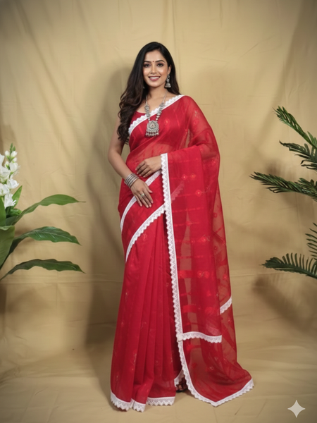 SAREEN Elegant Red Jamdani Saree with White Lace Border