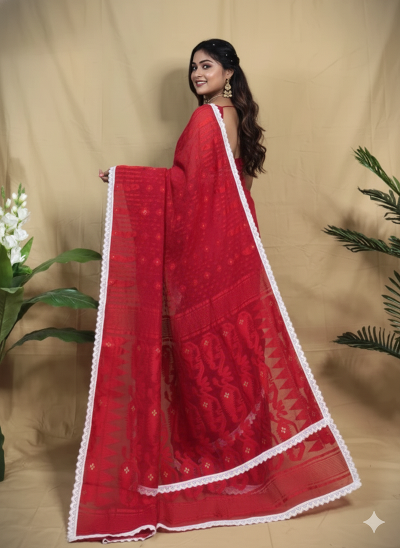 SAREEN Elegant Red Jamdani Saree with White Lace Border