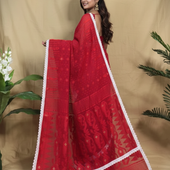 SAREEN Elegant Red Jamdani Saree with White Lace Border