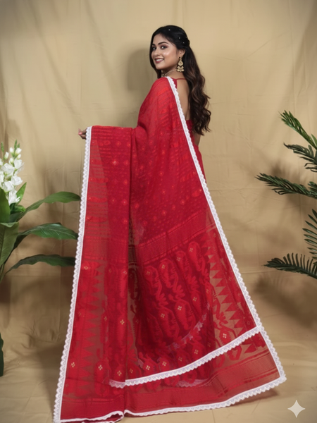 SAREEN Elegant Red Jamdani Saree with White Lace Border