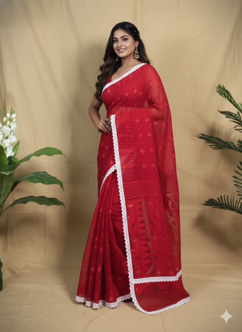 SAREEN Elegant Red Jamdani Saree with White Lace Border
