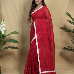 SAREEN Elegant Red Jamdani Saree with White Lace Border