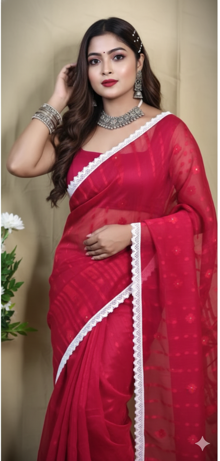 SAREEN Elegant Red Jamdani Saree with White Lace Border