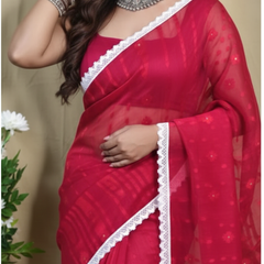 SAREEN Elegant Red Jamdani Saree with White Lace Border