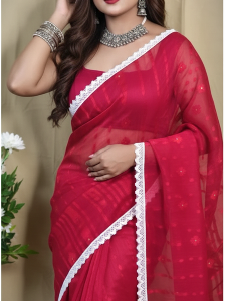 SAREEN Elegant Red Jamdani Saree with White Lace Border