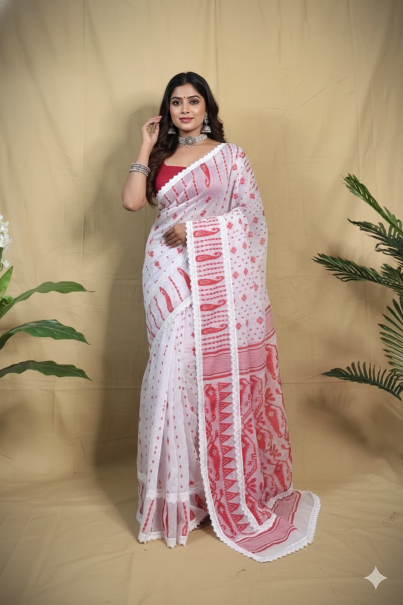 SAREEN White & Red Traditional Jamdani Saree with Lace Border