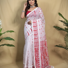 SAREEN White & Red Traditional Jamdani Saree with Lace Border