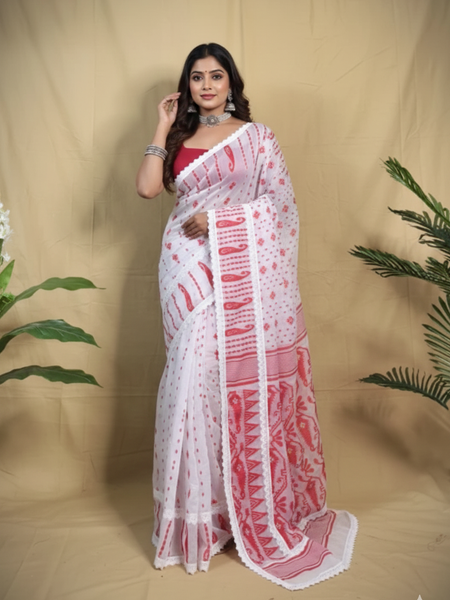 SAREEN White & Red Traditional Jamdani Saree with Lace Border