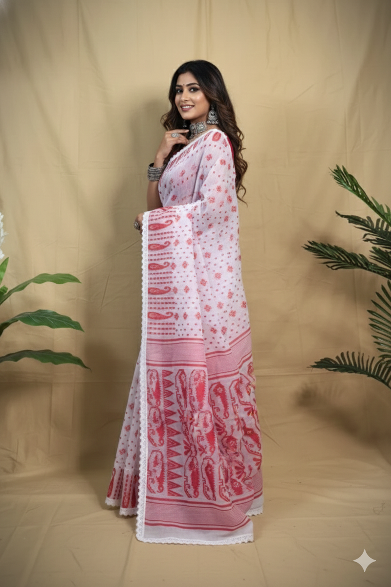 SAREEN White & Red Traditional Jamdani Saree with Lace Border