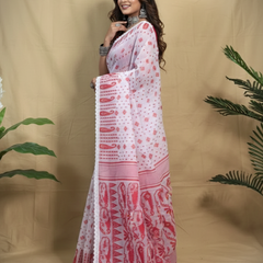 SAREEN White & Red Traditional Jamdani Saree with Lace Border