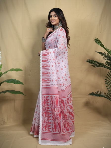 SAREEN White & Red Traditional Jamdani Saree with Lace Border