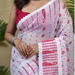 SAREEN White & Red Traditional Jamdani Saree with Lace Border