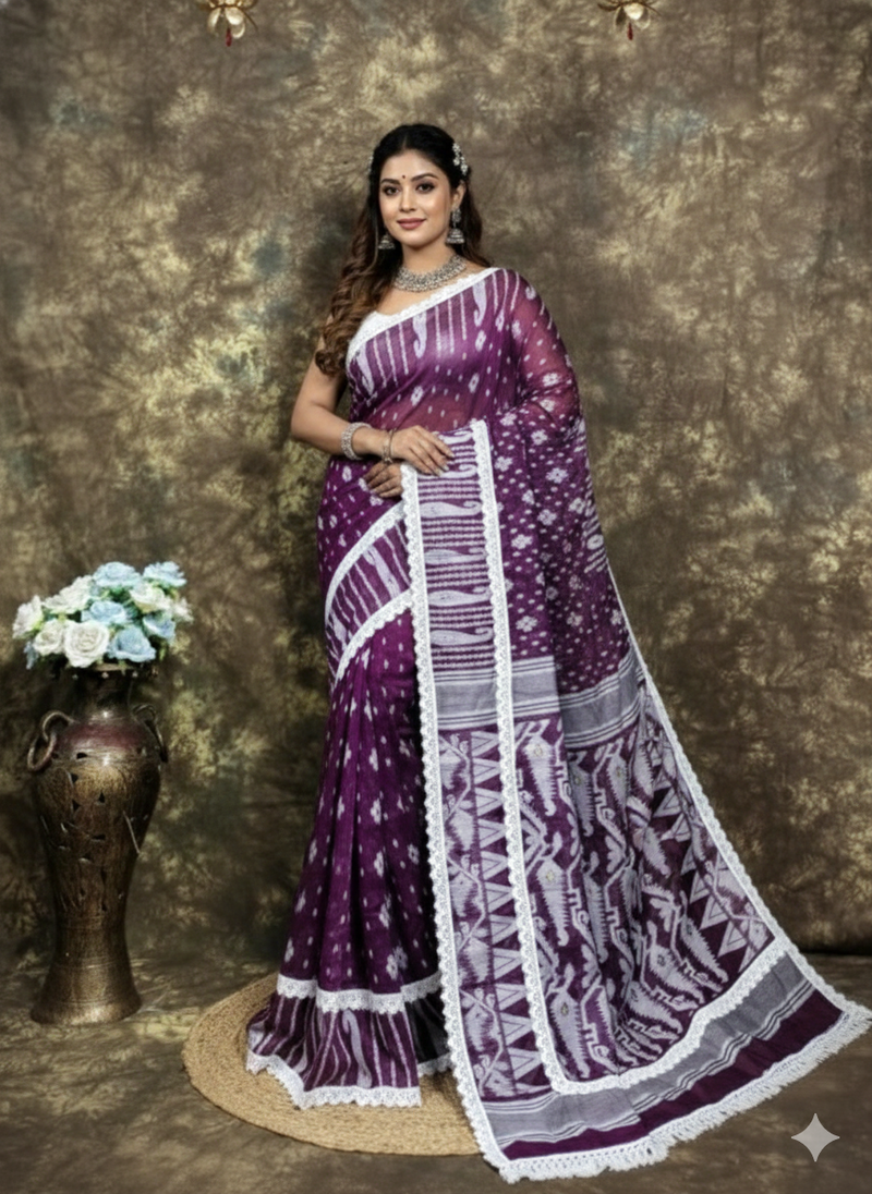 SAREEN Purple Jamdani Saree with White Lace Border – Handloom Elegance