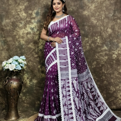 SAREEN Purple Jamdani Saree with White Lace Border – Handloom Elegance