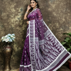 SAREEN Purple Jamdani Saree with White Lace Border – Handloom Elegance