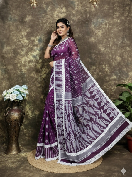 SAREEN Purple Jamdani Saree with White Lace Border – Handloom Elegance