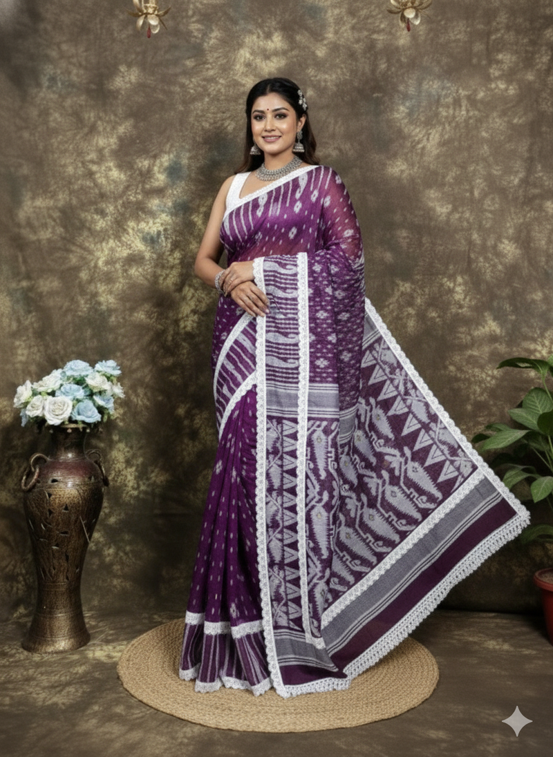 SAREEN Purple Jamdani Saree with White Lace Border – Handloom Elegance