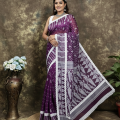 SAREEN Purple Jamdani Saree with White Lace Border – Handloom Elegance