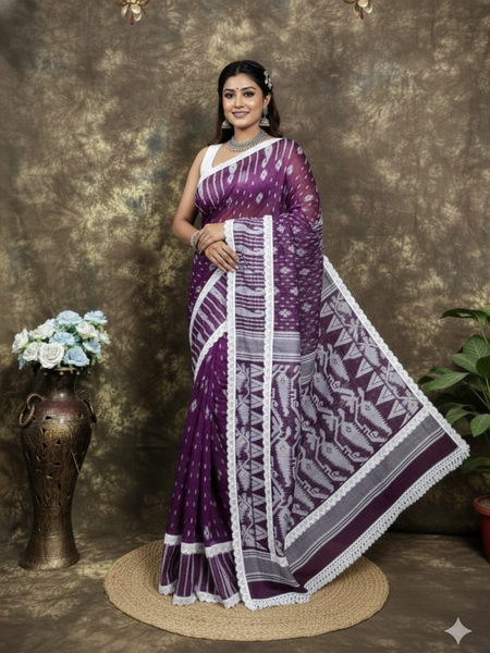 SAREEN Purple Jamdani Saree with White Lace Border – Handloom Elegance