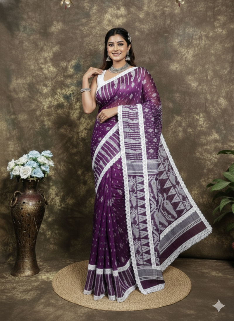 SAREEN Purple Jamdani Saree with White Lace Border – Handloom Elegance