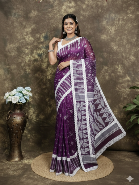 SAREEN Purple Jamdani Saree with White Lace Border – Handloom Elegance