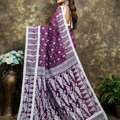 SAREEN Purple Jamdani Saree with White Lace Border – Handloom Elegance