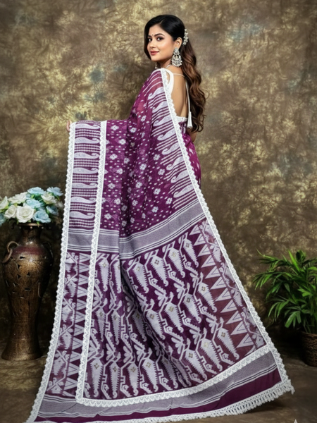 SAREEN Purple Jamdani Saree with White Lace Border – Handloom Elegance