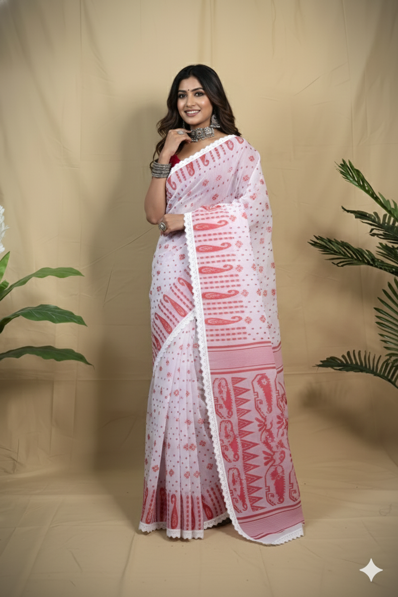 SAREEN White & Red Traditional Jamdani Saree with Lace Border