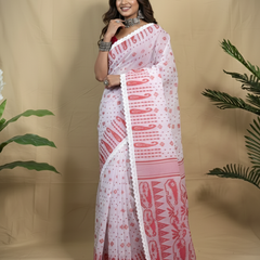 SAREEN White & Red Traditional Jamdani Saree with Lace Border