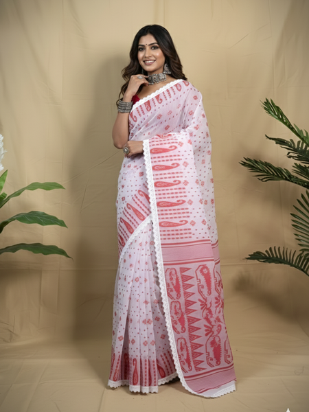 SAREEN White & Red Traditional Jamdani Saree with Lace Border